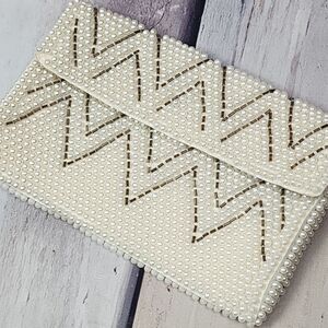 VINTAGE Evening Bag Clutch‎ White Beaded coin purse makeup pouch Made in JAPAN
